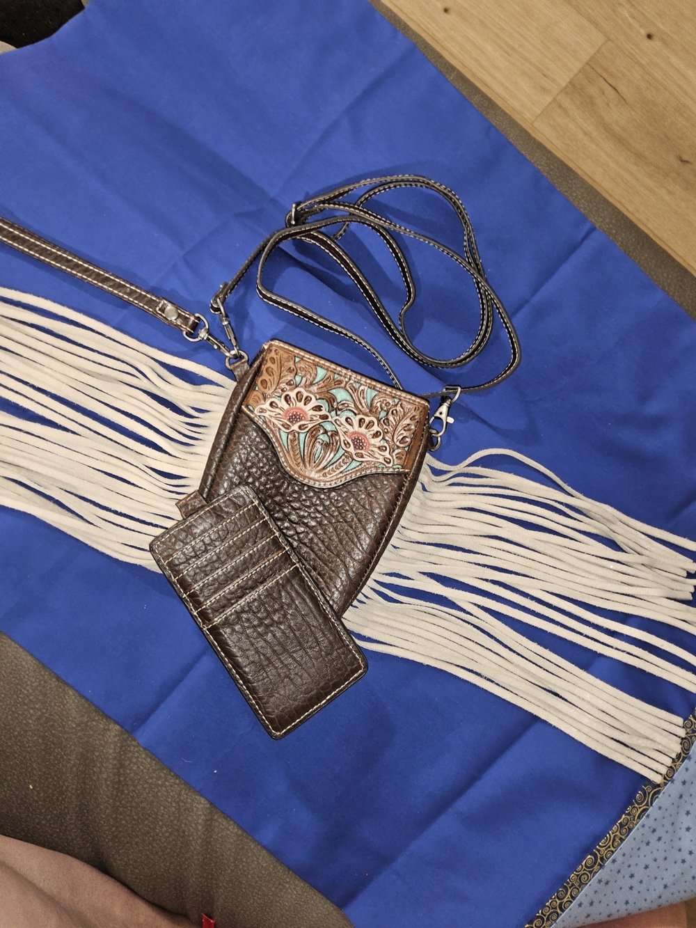 Ariat Brown Crossbody with Turquoise Floral Tooled Panel With Leather Cardholder